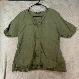 DKNY Womens Medium Blouse Green 100% Linen Short Sleeve V Neck Lagenlook Boho
